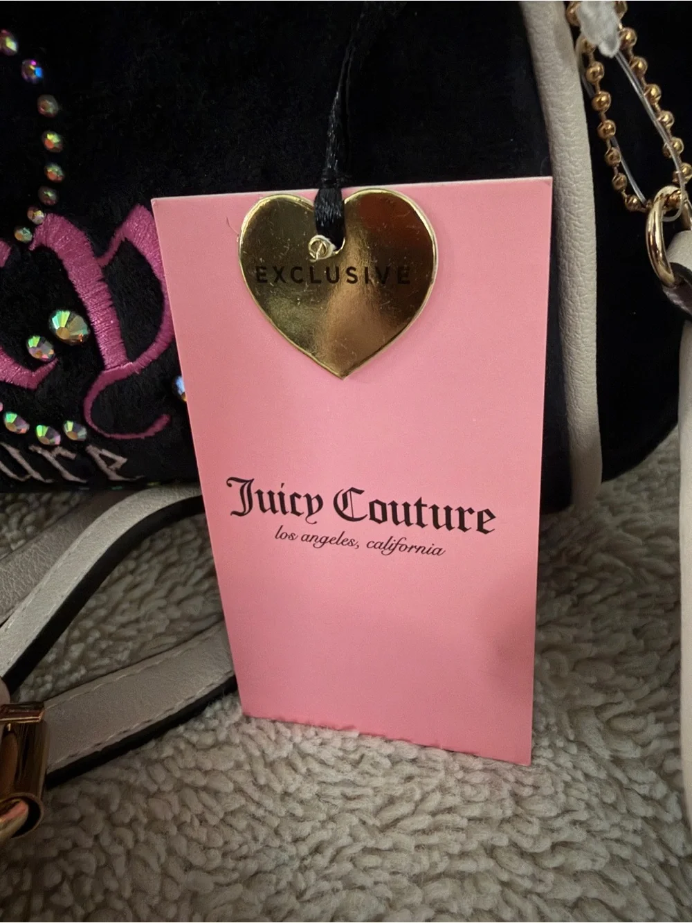 Juicy Couture Black & Cream Jeweled Logo Dome Satchel with Pink Accents